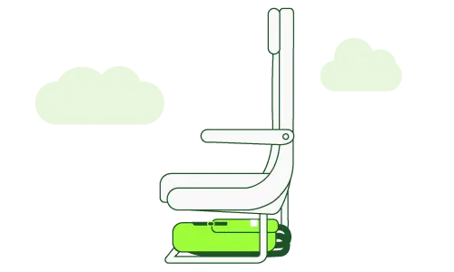 Illustration of an airplane seat seen from the side, with a piece of luggage placed under the seat.