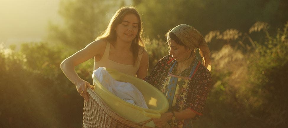 Uma jovem e mulher mais velha, ambas sorridentes, transportam um cesto de roupa no exterior, iluminadas por luz dourada do entardecer, com vegetação desfocada ao fundo. Uma jovem e mulher mais velha, ambas sorridentes, transportam um cesto de roupa no exterior, iluminadas por luz dourada do entardecer, com vegetação desfocada ao fundo.